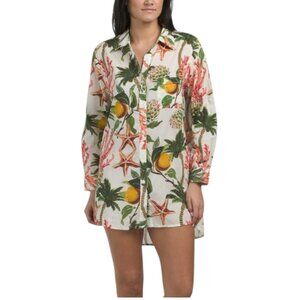 TRUE DESTINATION Cotton Voile Printed Roll Tab Sleeve Button Front Cover-up Shir